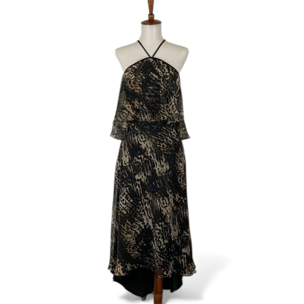 Theia Animal Print Women’s 2 Sleeveless Halter Neck Tiered Sheath Dress